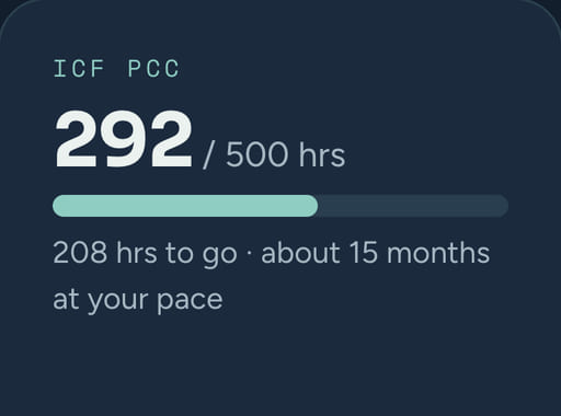 The ICF PCC card on the dashboard: 292 of 500 hours, 208 to go, about 15 months at your pace.