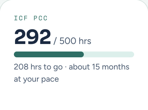 The ICF PCC card on the dashboard: 292 of 500 hours, 208 to go, about 15 months at your pace.