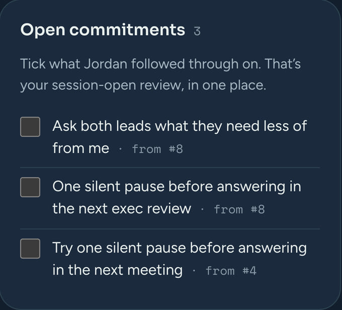 The session prep card of open commitments: three commitments from earlier sessions, each with a box to tick.