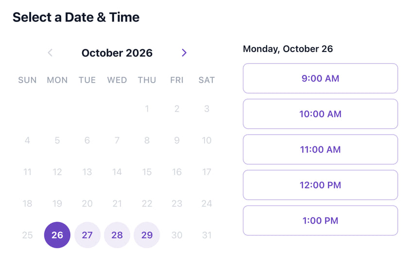 A coach's booking page: a calendar for October 2026 with four days open and the open times for Monday, October 26.