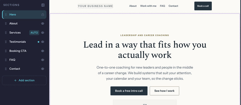 The website editor: the list of sections beside a drafted coach site with the headline Lead in a way that fits how you actually work.