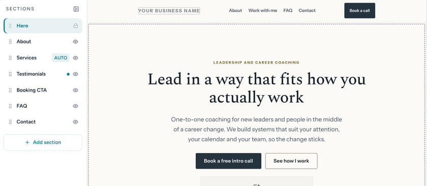 The website editor: the list of sections beside a drafted coach site with the headline Lead in a way that fits how you actually work.