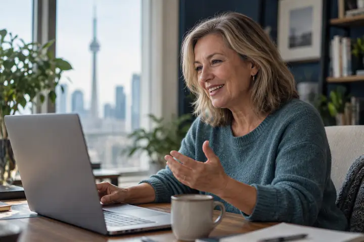 A coach smiling on a video call at her laptop