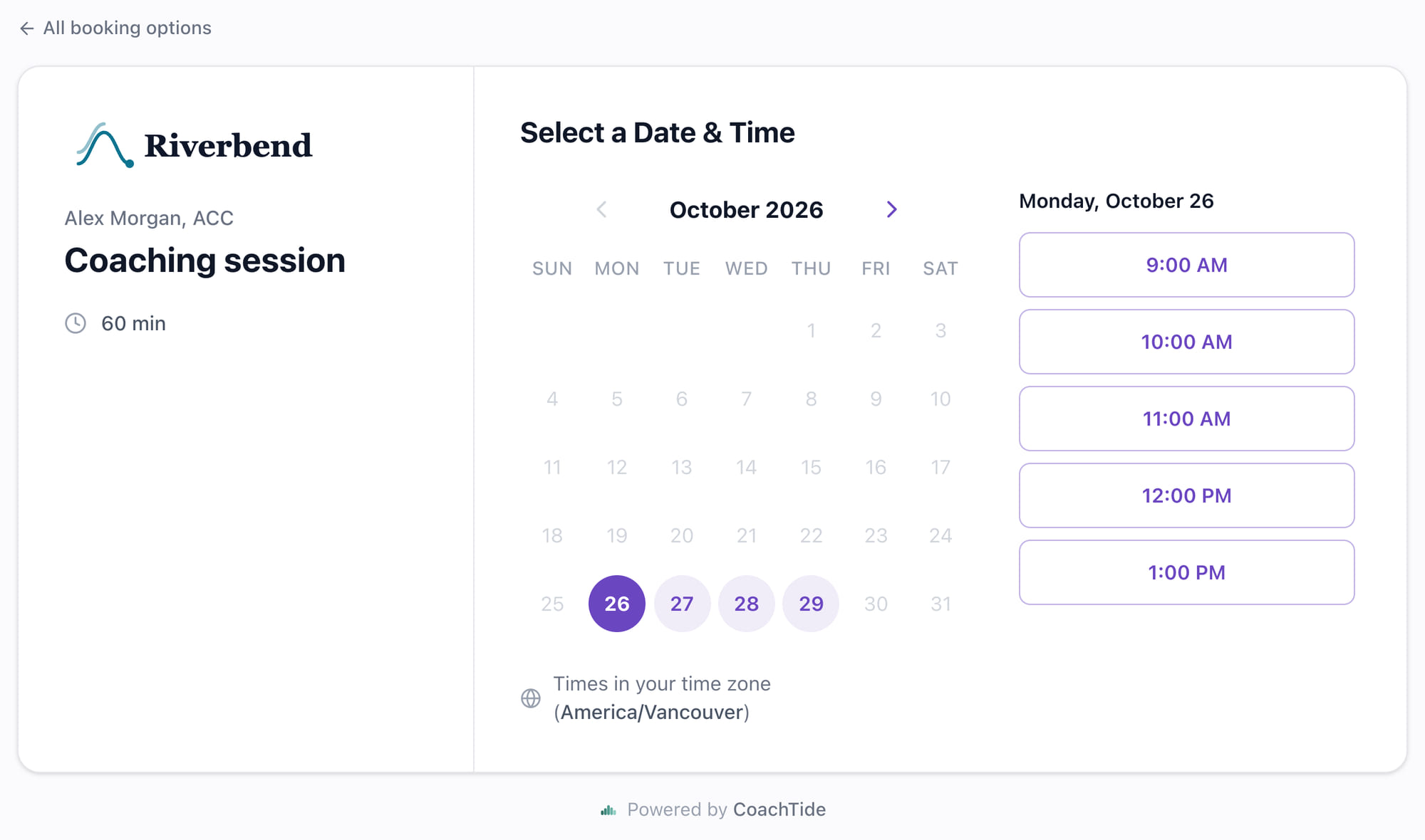 A coach's booking page for a 60 minute coaching session with Alex Morgan, ACC: the practice logo, a calendar for October 2026 with four days open, the open times for Monday, October 26, and times shown in the visitor's own time zone.