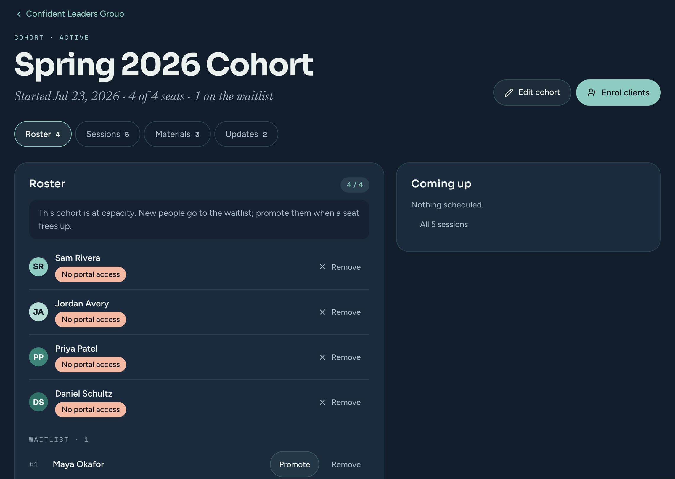 A CoachTide cohort page for the Spring 2026 Cohort: 4 of 4 seats filled and 1 on the waitlist, tabs for the roster, sessions, materials and updates, the four members, and a Promote button for the person waiting.