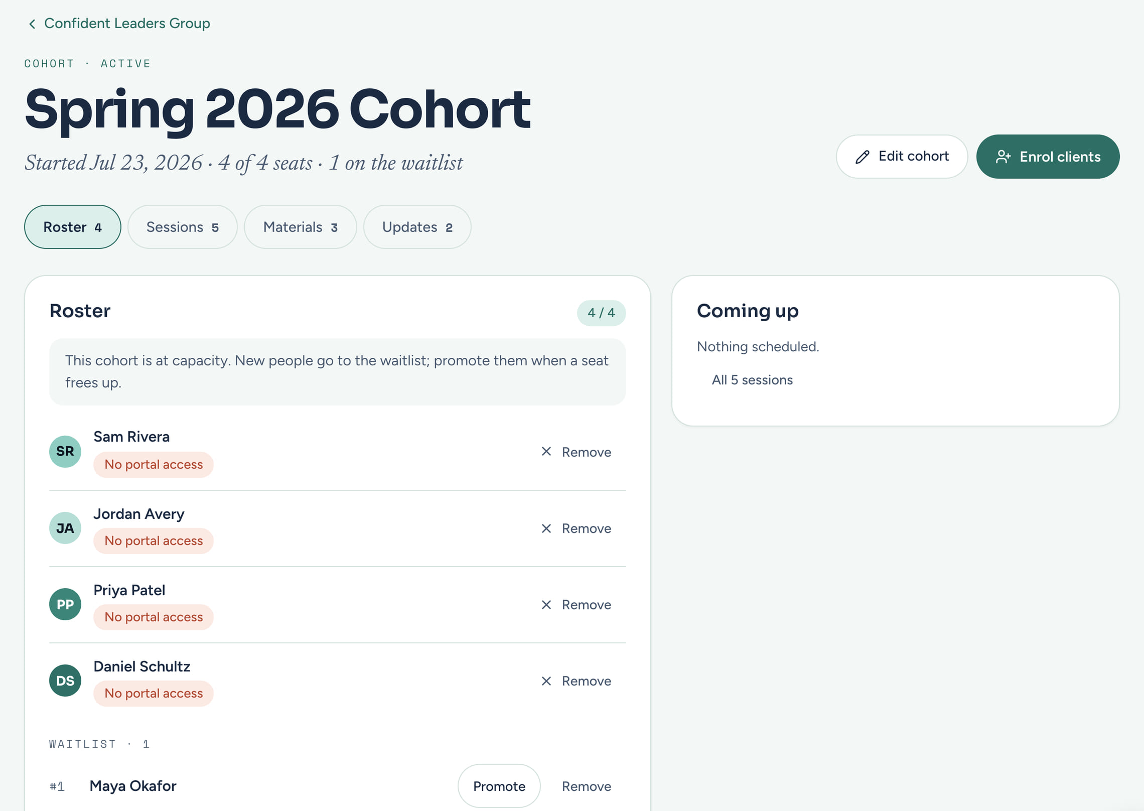 A CoachTide cohort page for the Spring 2026 Cohort: 4 of 4 seats filled and 1 on the waitlist, tabs for the roster, sessions, materials and updates, the four members, and a Promote button for the person waiting.