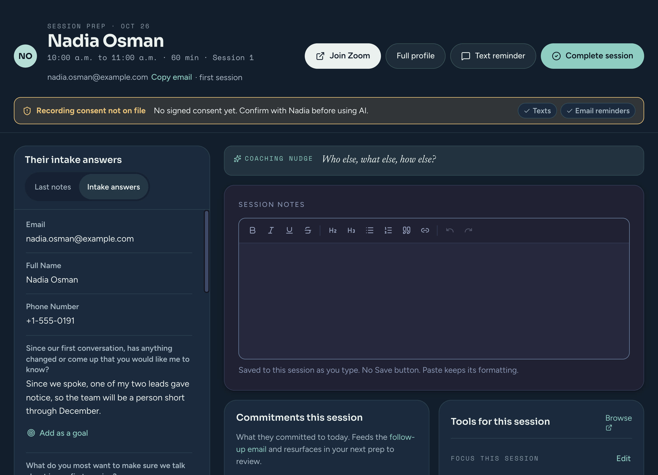 Session prep for Nadia Osman's first session: her intake answers in the left column, including what has changed since the first conversation with an Add as a goal link, a note that recording consent is not on file yet, and the session notes editor.