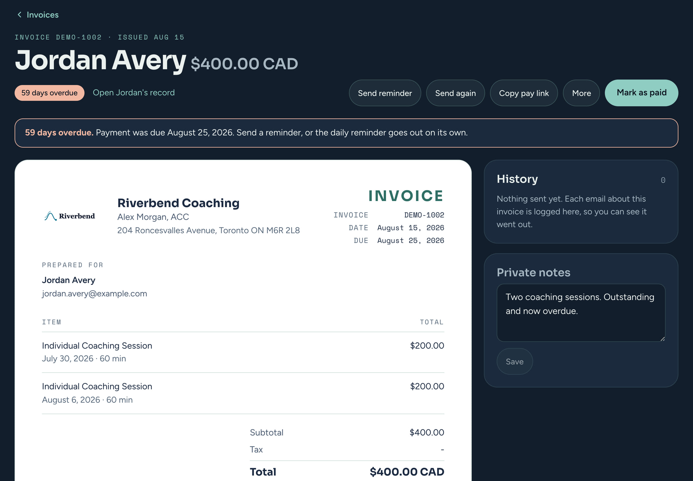 A CoachTide invoice for Jordan Avery, $400.00 CAD for two coaching sessions, marked 59 days overdue, with buttons to send a reminder, send it again, copy the pay link and mark it paid, and a private notes box beside it.