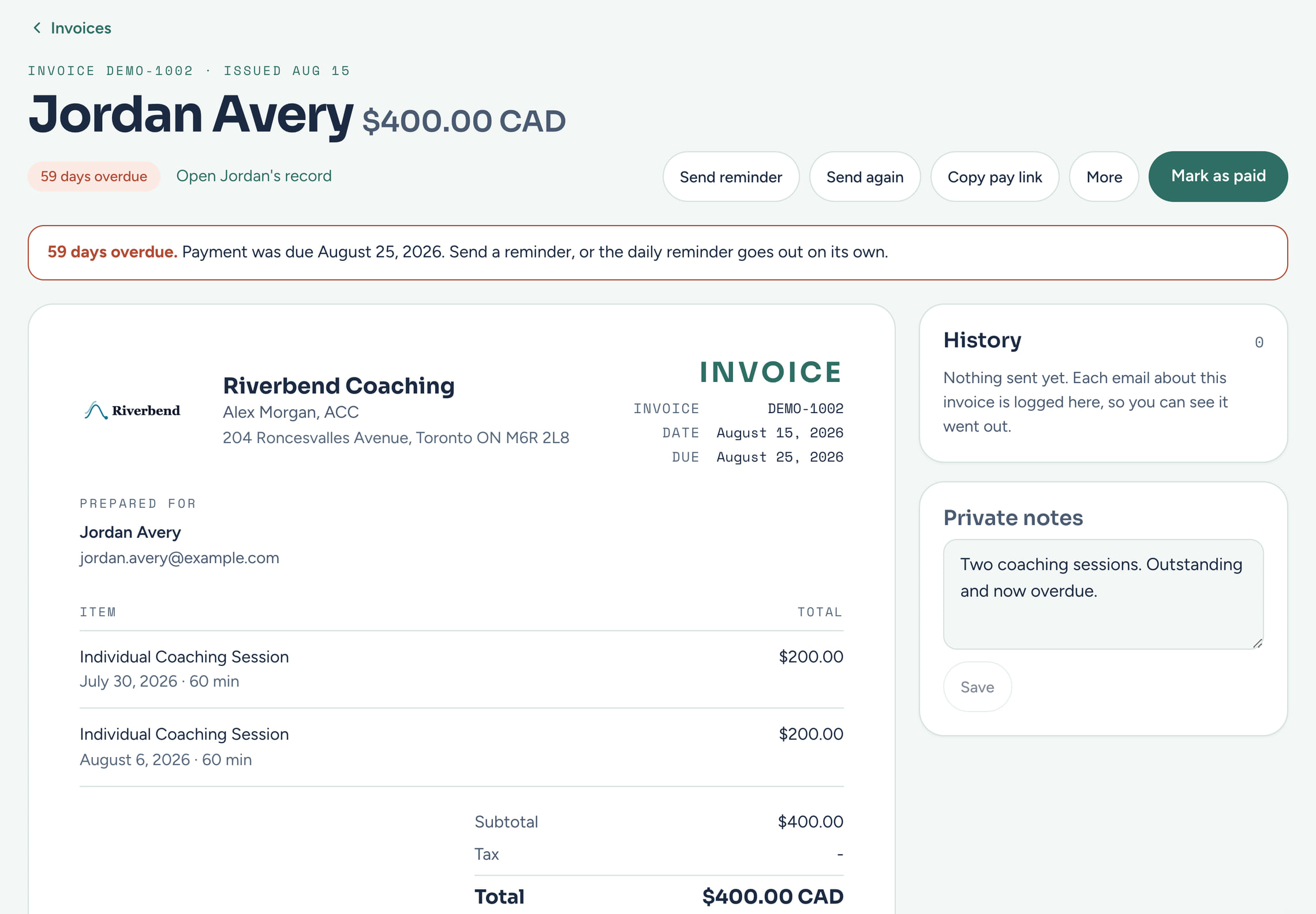 A CoachTide invoice for Jordan Avery, $400.00 CAD for two coaching sessions, marked 59 days overdue, with buttons to send a reminder, send it again, copy the pay link and mark it paid, and a private notes box beside it.