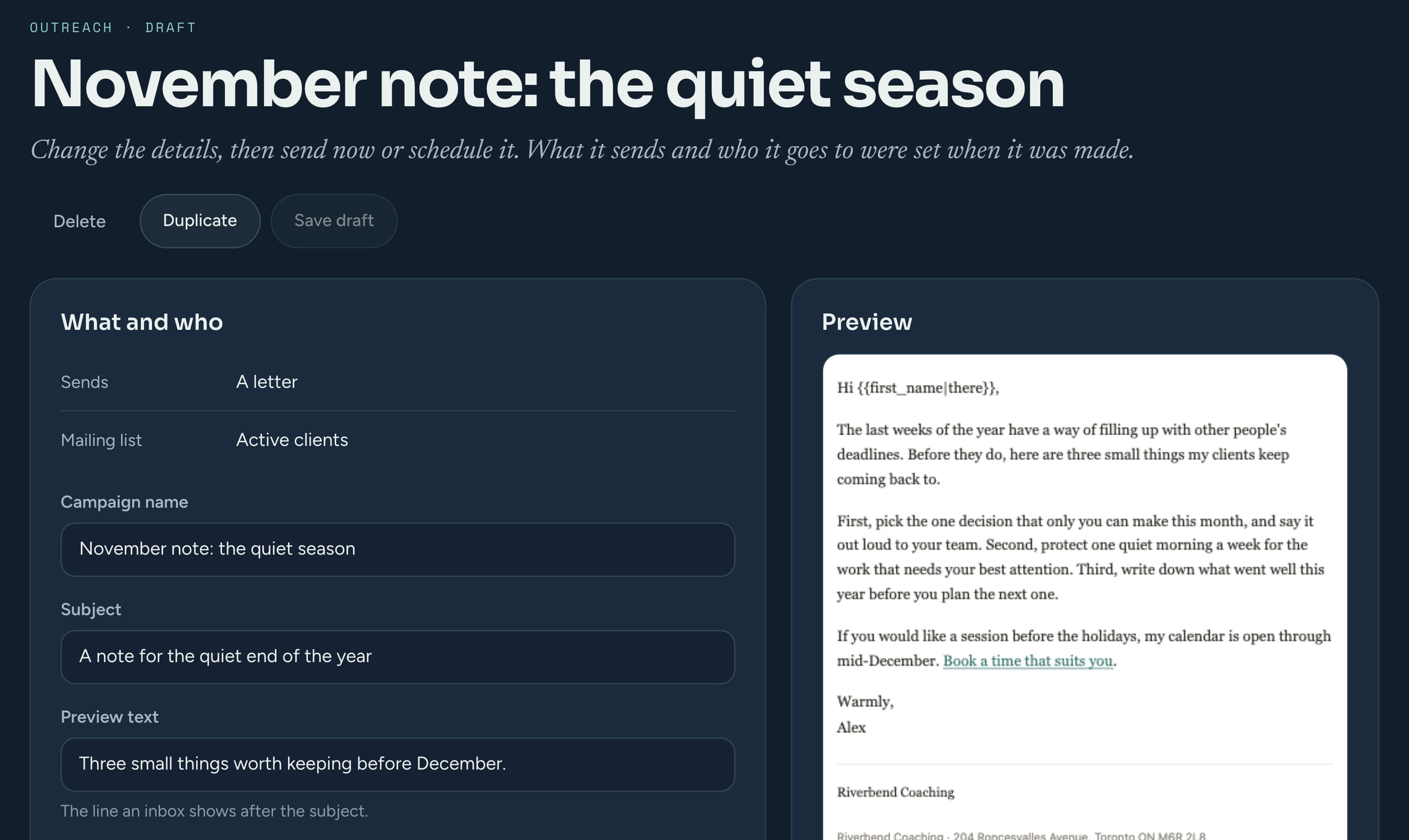 A CoachTide campaign drafted as a letter to the Active clients list: its name, subject and preview text on the left, and on the right a preview of the letter with a link to book a time and an unsubscribe link at the foot.