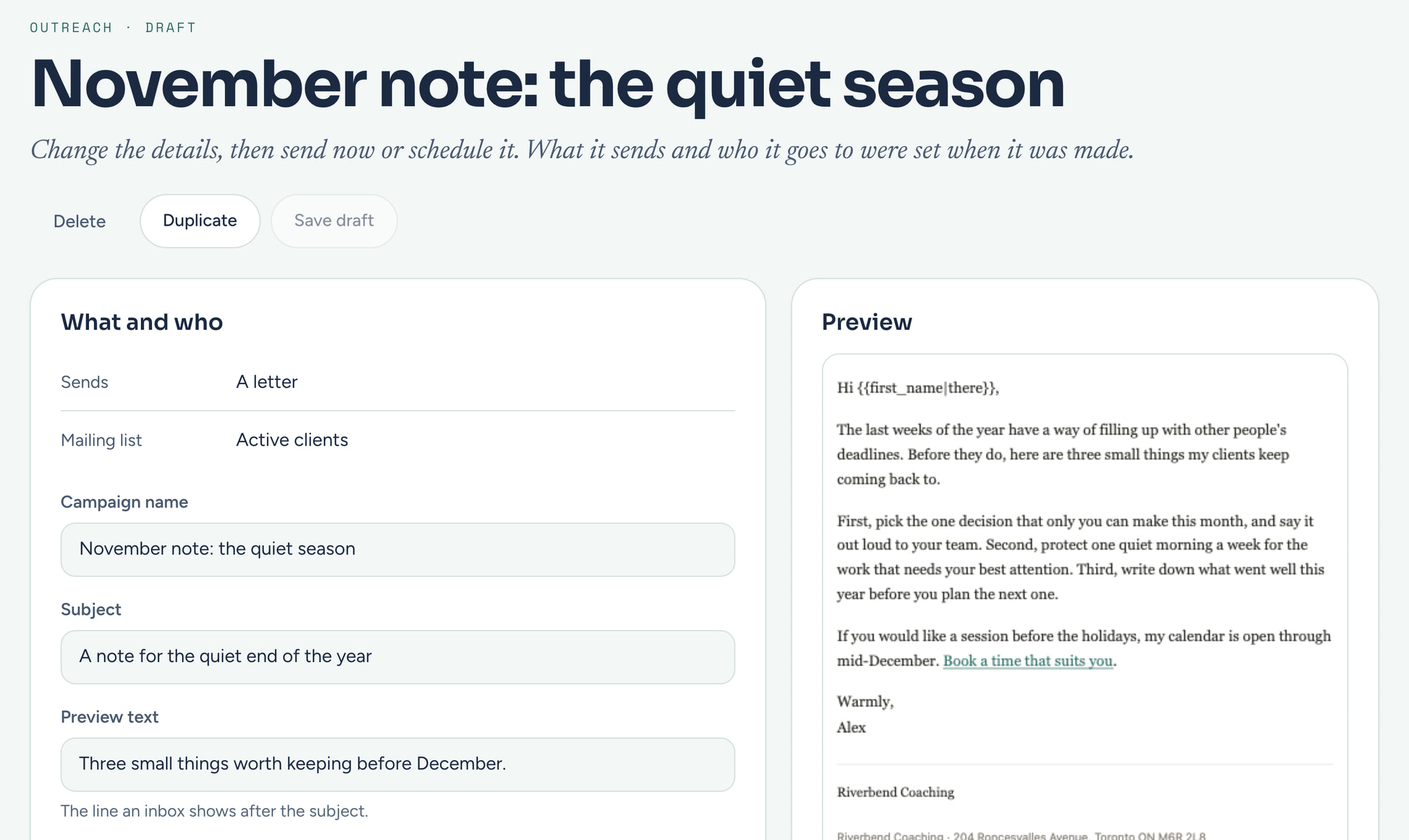 A CoachTide campaign drafted as a letter to the Active clients list: its name, subject and preview text on the left, and on the right a preview of the letter with a link to book a time and an unsubscribe link at the foot.