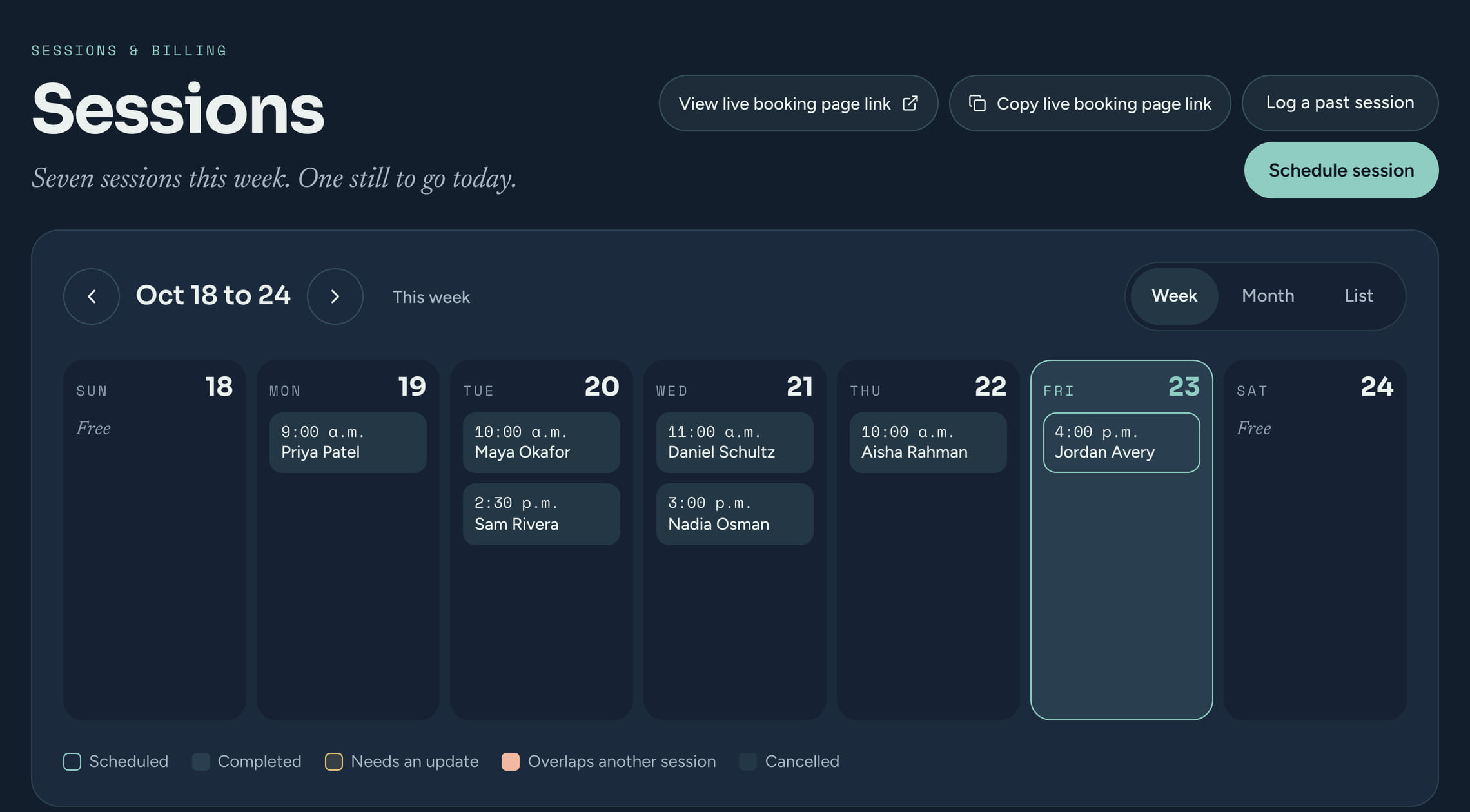 The CoachTide Sessions page: seven sessions in the week of October 18 to 24, one or two a day with the client's name and time, today's session highlighted, and buttons to view or copy the live booking page link.