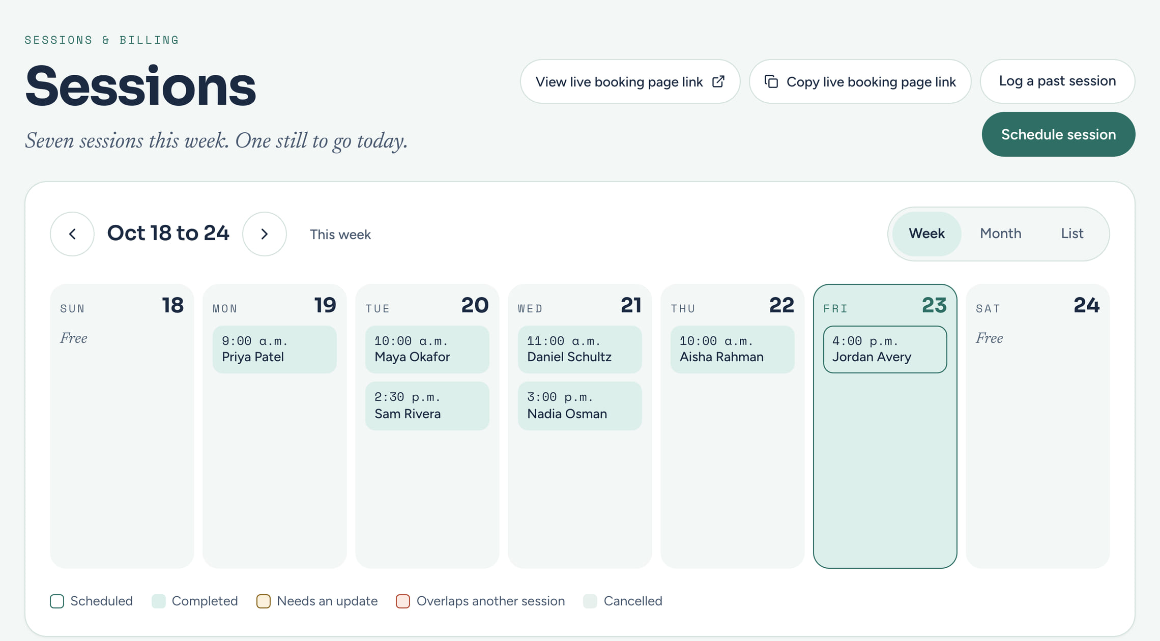 The CoachTide Sessions page: seven sessions in the week of October 18 to 24, one or two a day with the client's name and time, today's session highlighted, and buttons to view or copy the live booking page link.