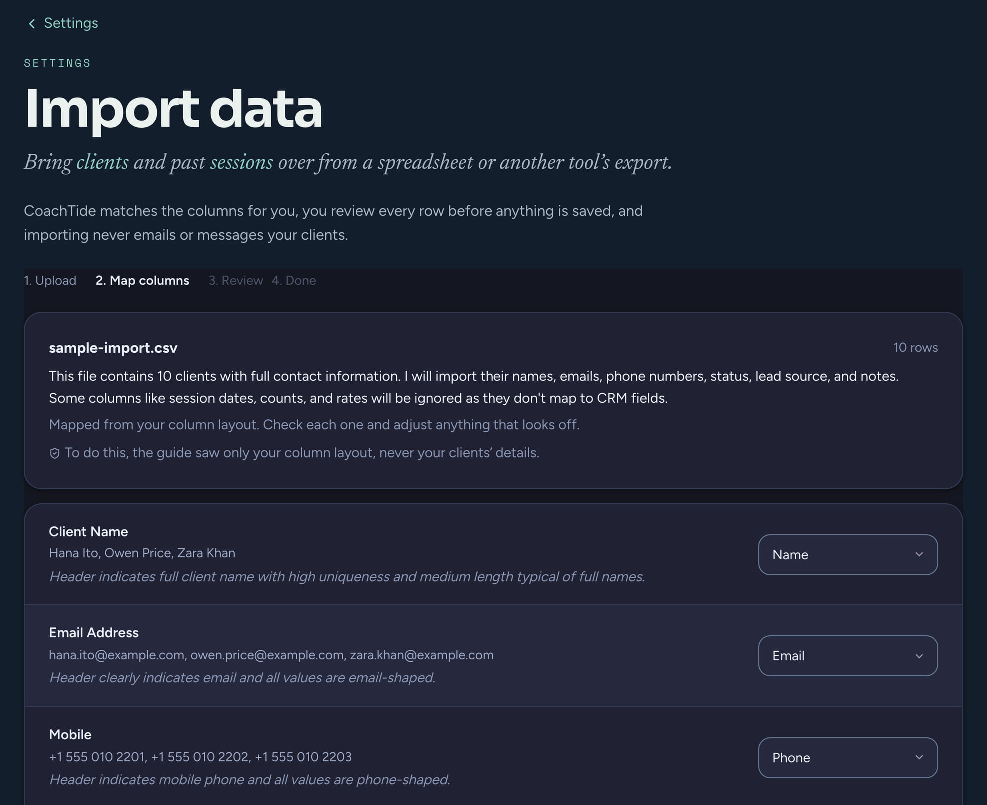 CoachTide's Import data page at the Map columns step: a file of 10 clients, a note that the guide saw only the column layout and never the clients' details, and each column matched to a field such as name, email and phone, with a menu to change it.