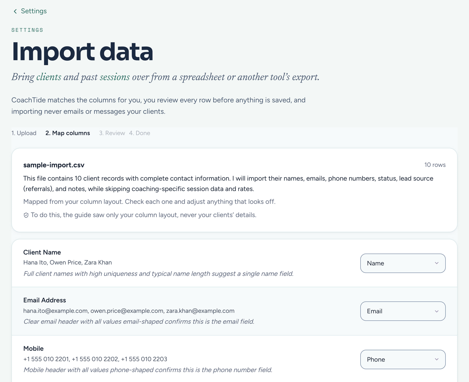 CoachTide's Import data page at the Map columns step: a file of 10 clients, a note that the guide saw only the column layout and never the clients' details, and each column matched to a field such as name, email and phone, with a menu to change it.