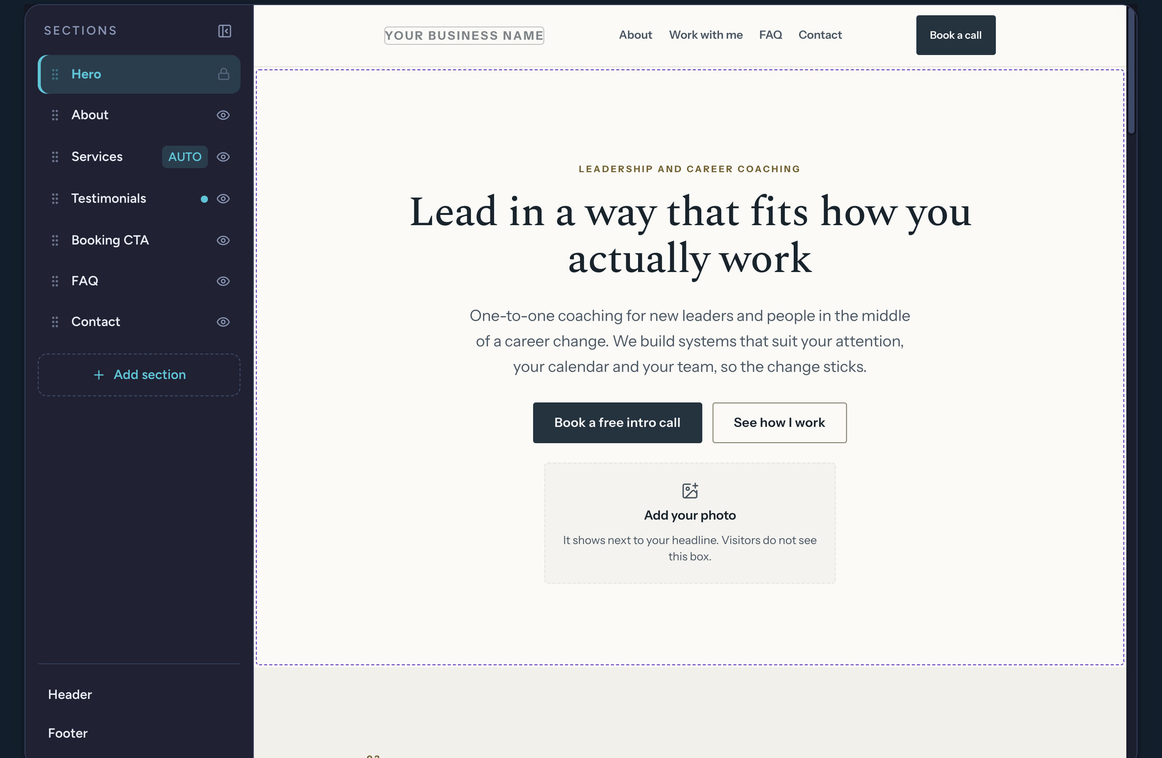 The CoachTide website editor: a list of the site's sections, from the hero to contact, beside the drafted coach site with the headline Lead in a way that fits how you actually work and a Book a free intro call button.