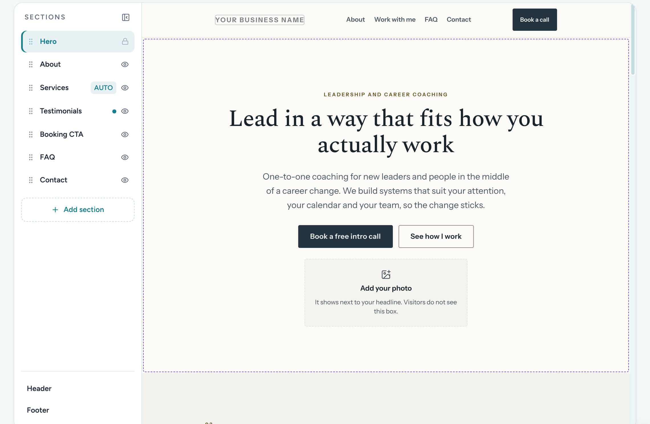 The CoachTide website editor: a list of the site's sections, from the hero to contact, beside the drafted coach site with the headline Lead in a way that fits how you actually work and a Book a free intro call button.